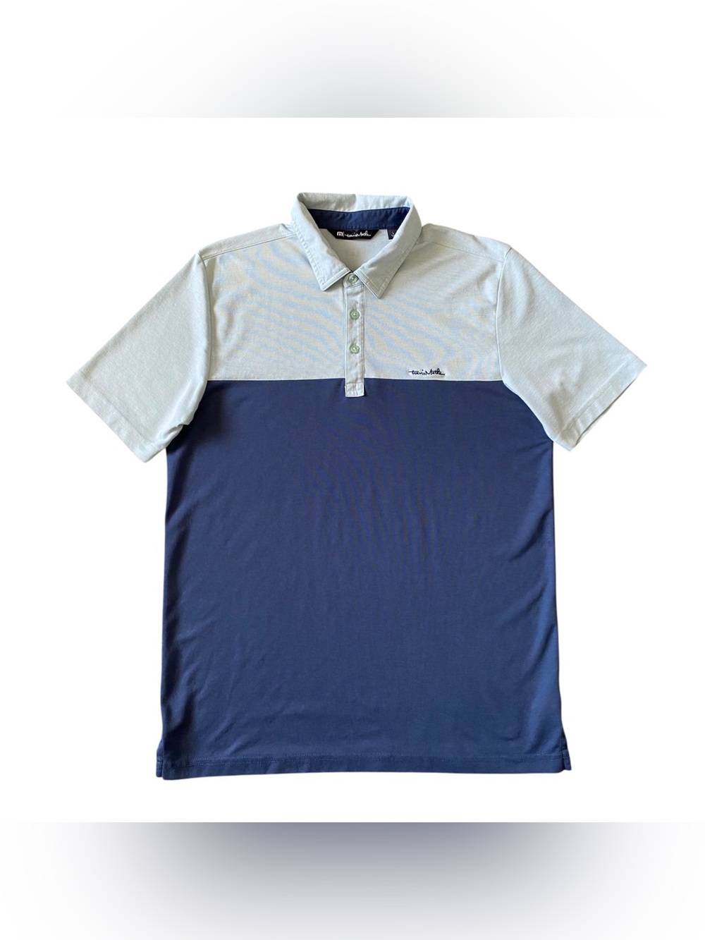 Travis Mathew Mens L Spooky Season Golf Polo Colorblock Aqua/Dark Blue Shirt